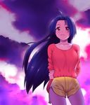 ahoge blue_hair cloud cloudy_sky collarbone contrapposto cowboy_shot idolmaster idolmaster_(classic) idolmaster_1 long_hair long_sleeves looking_at_viewer low_neckline lunch_(lunch3) miura_azusa red_eyes short_shorts shorts sky solo standing sweater 