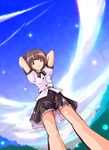  :d arms_behind_head arms_up bangs bare_legs bow bowtie brown_hair day from_below hat leaf looking_at_viewer neki-t open_mouth red_eyes shameimaru_aya short_hair short_sleeves skirt sky smile solo tokin_hat touhou 