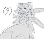  1girl :d bow cirno dress foreshortening greyscale hair_bow hands monochrome open_mouth short_hair sketch smile solo tetsu_(kimuchi) touhou wings 