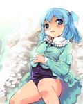  blue_eyes blue_hair kawashiro_nitori no_pants school_swimsuit solo swimsuit swimsuit_under_clothes touhou two_side_up yuu_(kfc) 