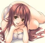  :d ass breasts brown_hair chin_rest cleavage copyright_request downblouse green_eyes hanging_breasts kikurage_(plastic_people) large_breasts long_hair looking_at_viewer lying on_stomach open_mouth panties simple_background smile solo tank_top underwear very_long_hair yellow_background 