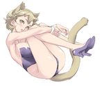  animal_ears between_legs breasts cat_ears copyright_request detached_sleeves full_body high_heels knees_on_chest large_breasts leg_hug legs_together light_brown_hair looking_at_viewer nishieda open_mouth shoes short_hair simple_background solo tail white_background 