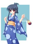  blue_hair blue_kimono highres japanese_clothes kimono original red_eyes satomura_izumi solo yukata 