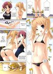  ;d bikini black_school_swimsuit blonde_hair blush breasts collarbone comic contrapposto copyright_request day hard_translated head_tilt highres large_breasts looking_at_viewer midriff multiple_girls name_tag navel one-piece_swimsuit one_eye_closed open_mouth school_swimsuit skin_tight small_breasts smile standing stomach swimsuit thong_bikini translated tsurugi_hagane twintails 