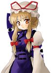  bangs blonde_hair bow gap hair_bow hat hat_ribbon juliet_sleeves long_sleeves looking_at_viewer miyabe_makoto mob_cap orange_eyes puffy_sleeves red_bow red_ribbon ribbon sidelocks simple_background smile solo standing tabard touhou white_background wide_sleeves yakumo_yukari 