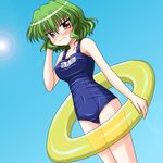  blush bococho breasts embarrassed frown green_hair innertube kazami_yuuka lens_flare medium_breasts name_tag non-web_source one-piece_swimsuit red_eyes school_swimsuit short_hair solo sun swimsuit touhou wavy_mouth 
