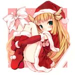  animal_ears antlers blonde_hair blush boots capelet christmas elbow_gloves gloves green_eyes hat horns leg_hug long_hair looking_at_viewer original red_capelet red_gloves santa_boots santa_costume santa_hat solo tail very_long_hair yoshinari_atsushi 