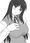  :3 blush breasts greyscale kurusugawa_ayaka large_breasts long_hair monochrome naughty_face shichimenchou solo sweater_vest to_heart 