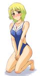  akiyama_kenta barefoot blonde_hair blue_swimsuit blush breast_squeeze breasts erstin_ho feet garderobe_swimsuit highres medium_breasts my-otome one-piece_swimsuit school_swimsuit solo swimsuit 