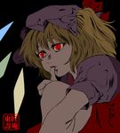  aka_ringo biting black_background blonde_hair bow death_note diamond_(shape) flandre_scarlet frills glowing glowing_eyes hair_bow hat looking_away mob_cap nail_biting one_side_up parody pink_lips puffy_short_sleeves puffy_sleeves red_bow red_eyes short_sleeves sitting slit_pupils solo thumb_sucking thumbs_up touhou wings 