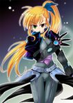  angry black_bodysuit blonde_hair bodysuit gloves hair_ribbon heterochromia hina_sasaki long_hair lyrical_nanoha mahou_shoujo_lyrical_nanoha_strikers older ribbon side_ponytail solo vivio 