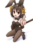  animal_ears brown_hair bunny_ears bunnysuit kamoi_hayato pantyhose pointing short_hair solo suzumiya_haruhi suzumiya_haruhi_no_yuuutsu 