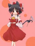  akino_ochiba animal_ears black_hair bow cat_ears cat_tail detached_sleeves fang gohei hair_bow hair_tubes hakurei_reimu hands_on_hips kemonomimi_mode prehensile_tail red_eyes short_hair solo tail tail_hold touhou 