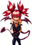  :p bandeau bangs bare_shoulders bat_wings belt black_legwear blush bracelet collar demon_girl demon_tail disgaea earrings elbow_gloves etna flat_chest gloves hair_between_eyes hands_on_thighs hisahiko jewelry leaning_forward looking_at_viewer makai_senki_disgaea miniskirt naughty_face navel no_bra pointy_ears red_eyes red_hair short_twintails side_slit simple_background skirt slit_pupils solo standing strap studded_bracelet tail thighhighs tongue tongue_out twintails v_arms white_background wings 