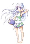  ahoge armpits artist_request barefoot blue_eyes blue_hair blush book book_of_the_azure_sky child dress feet hair_ornament long_hair lyrical_nanoha mahou_shoujo_lyrical_nanoha_strikers reinforce_zwei sleeveless smile solo turtleneck very_long_hair x_hair_ornament 