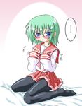  1girl :o bangs bed_sheet black_legwear blush eyebrows_visible_through_hair full_body green_hair hair_between_eyes hand_on_own_chest inasaki_shirau iwasaki_minami long_sleeves looking_at_viewer lucky_star miniskirt neckerchief no_shoes open_mouth pantyhose pink_neckwear pleated_skirt red_skirt ryouou_school_uniform school_uniform serafuku shirt short_hair sitting skirt sleeves_past_wrists solo tsurime two-tone_background wariza white_shirt 