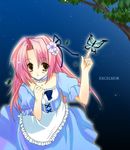  bug butterfly dress flower hair_flower hair_ornament insect long_hair night night_sky original ouse_aya pink_hair sky solo 