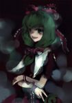  arm_ribbon bow chiaroscuro crossed_arms dark frills front_ponytail green_eyes green_hair hair_bow hair_ornament hair_ribbon kagiyama_hina long_hair looking_at_viewer nokishita open_mouth ribbon smile solo touhou 