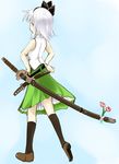  belt flower katana kneehighs konpaku_youmu ribbon skirt socks solo sword takaharu touhou wakizashi weapon white_hair 