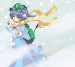  backpack bag blue_hair hair_bobbles hair_ornament hat kawashiro_nitori kukyo mittens purple_eyes scarf short_hair side_ponytail snowing solo touhou two_side_up winter yellow_scarf 