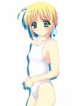 ahoge artist_request artoria_pendragon_(all) bangs blonde_hair blush breasts covered_nipples embarrassed fate/stay_night fate_(series) flat_chest green_eyes groin hair_bun hair_ribbon hands_together looking_back one-piece_swimsuit own_hands_together parted_bangs profile ribbon saber school_swimsuit shadow short_hair sideboob sidelocks simple_background small_breasts solo standing swimsuit white_background white_school_swimsuit white_swimsuit 