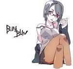  bunbun camisole copyright_request crossed_legs glasses grey_hair off_shoulder pantyhose pencil_skirt purple_eyes short_hair simple_background sitting skirt solo 