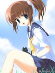  2005 :d artist_name bangs black_cat blue_eyes blue_skirt blush brown_hair cat cloud cloudy_sky copyright_request dated day grass kikurage_(plastic_people) neckerchief open_mouth outdoors school_uniform serafuku short_sleeves sitting skirt sky smile solo yellow_neckwear 