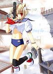  animal_ears blush buruma cat_ears dual_wielding gun holding kneehighs looking_at_viewer midriff navel open_mouth original pom red_eyes school_uniform shirt_lift socks solo thigh_gap weapon wind wind_lift 