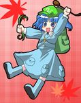  arms_up artist_request backpack bag blue_dress blue_eyes blue_hair dress hair_bobbles hair_ornament hat kawashiro_nitori key leaf lowres non-web_source pocket red_background short_hair smile solo touhou two_side_up 