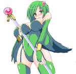  alternate_weapon blush breasts bridal_gauntlets cameltoe cleavage detached_sleeves final_fantasy final_fantasy_iv garters green_eyes green_hair green_leotard hair_ornament jewelry large_breasts legs leotard lyrical_nanoha mahou_shoujo_lyrical_nanoha parody raising_heart rydia solo staff thighhighs thighs weapon yasakani_an 