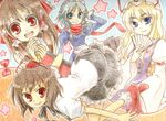  aqua_eyes black_skirt blonde_hair blue_eyes blush bow brown_hair cup fan hair_bow hair_tubes hakurei_reimu hat hat_ribbon izayoi_sakuya juliet_sleeves kamoi_hayato long_hair long_sleeves looking_at_viewer maid_headdress mob_cap multiple_girls open_mouth puffy_sleeves red_bow red_eyes red_ribbon red_scarf ribbon scarf shameimaru_aya shirt short_hair silver_hair skirt smile star tabard teacup teeth tokin_hat touhou white_shirt wrist_cuffs yakumo_yukari 