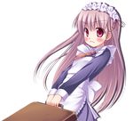  &gt;:( blush brown_hair carrying frown long_hair maid maid_headdress nullken original pink_eyes pout purple_eyes simple_background solo suitcase v-shaped_eyebrows very_long_hair white_background 