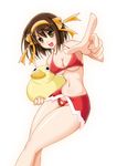  bikini blush breasts brown_hair cleavage hair_ribbon hairband large_breasts orange_hairband pointing red_sarong ribbon rubber_duck sarong short_hair solo suigetsu_koubou suzumiya_haruhi suzumiya_haruhi_no_yuuutsu swimsuit underboob yellow_eyes 