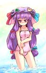  bow crescent hat homura_subaru long_hair low-tied_long_hair one-piece_swimsuit patchouli_knowledge pink_bow pink_swimsuit purple_hair solo swimsuit touhou 