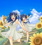  animal_ears bare_shoulders blue_eyes blue_hair cat_ears cloud day dress flower hat holding_hands kannuki_hisui long_hair multiple_girls original running sky sunflower 