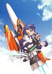  blue_hair cloud copyright_request day glasses gloves green_eyes highres matsumae_takumi rocket short_hair solo thighhighs 