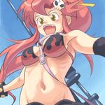  :d anti-materiel_rifle bare_shoulders bikini_top blush breasts cleavage detached_sleeves fang gloves gun hair_ornament large_breasts long_hair midriff navel open_mouth pairan ponytail red_hair ribs rifle sidelocks skinny skull_hair_ornament smile sniper_rifle solo tengen_toppa_gurren_lagann weapon yellow_eyes yoko_littner 