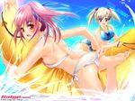  adjusting_clothes adjusting_swimsuit ass back banana_boat barefoot bikini blonde_hair blush breasts day feet galge.com green_eyes hair_ribbon halter_top halterneck looking_back medium_breasts multiple_girls on_banana open_mouth pink_hair rakujin red_eyes ribbon side-tie_bikini sideboob swimsuit twintails wallpaper water 