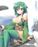  boots breasts bursting_breasts cleavage d_kurouri detached_sleeves final_fantasy final_fantasy_iv green_eyes green_hair huge_breasts jewelry legs rydia smile solo thigh_boots thighhighs thighs water 