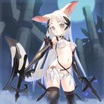  animal_ears black_legwear blonde_hair blush bow_(weapon) breasts crossbow dual_wielding elbow_gloves gloves hair_ornament holding long_hair medium_breasts navel no_bra original sky solo standing tail thighhighs tougetsu_gou underboob very_long_hair weapon yellow_eyes 