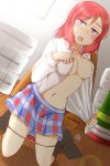  10s 1girl black_socks blush breasts dutch_angle eyebrows_visible_through_hair feitonokesin indoors kneeling large_breasts lens_flare long_hair looking_at_viewer love_live! love_live!_school_idol_project navel nishikino_maki no_bra no_panties open_clothes open_mouth open_shirt otonokizaka_school_uniform panties panties_around_leg purple_eyes red_hair red_panties school_uniform skirt socks solo underwear 