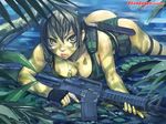  assault_rifle bandages breasts camouflage cleavage commando dog_tags galge.com gloves gun jungle knife konchiki large_breasts lips m4_carbine mud nature rifle solo thigh_strap weapon yellow_eyes 