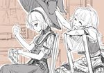 alice_margatroid chair embroidery grin hat kirisame_marisa monochrome multiple_girls pink_background sketch smile sun-3 teasing touhou witch_hat 