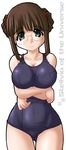  breast_hold breasts brown_hair copyright_name cowboy_shot crossed_arms expressionless eyebrows_visible_through_hair fujisawa_yayoi_(uchuu_no_stellvia) large_breasts looking_at_viewer one-piece_swimsuit school_swimsuit simple_background solo swimsuit tonpuu uchuu_no_stellvia white_background wide_hips 