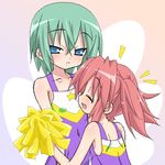  blue_eyes cheerleader closed_eyes flat_chest fujimiya green_hair happy hug iwasaki_minami kobayakawa_yutaka lucky_star multiple_girls oekaki pink_hair pom_poms short_hair tears twintails 