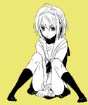  kita_high_school_uniform kneehighs kurosuke_(nora) lowres monochrome school_uniform serafuku socks solo suzumiya_haruhi suzumiya_haruhi_no_yuuutsu yellow_background 