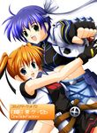  belt blue_hair buckle cross_mirage fingerless_gloves gloves gun handgun headband jacket lyrical_nanoha magical_girl mahou_shoujo_lyrical_nanoha_strikers midriff multiple_girls open_clothes open_jacket open_vest orange_hair subaru_nakajima takase_shin'ya teana_lanster translation_request twintails vest waist_cape weapon 