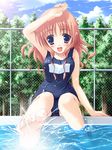  :d bare_shoulders barefoot blush chain-link_fence day feet fence forest lens_flare matsuzaki_tokiko nature one-piece_swimsuit open_mouth original outdoors pink_hair pool poolside pov_feet school_swimsuit sitting smile soaking_feet solo splashing sun swimsuit tree water 