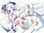  animal_ears blue_eyes blue_hair copyright_request pajamas pop sketch slippers solo stuffed_animal stuffed_toy tail teddy_bear 