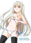  alternate_breast_size bikini black_legwear blonde_hair blue_eyes blush deden flat_chest kusugawa_sasara long_hair open_mouth side-tie_bikini solo swimsuit thighhighs to_heart_2 undressing 